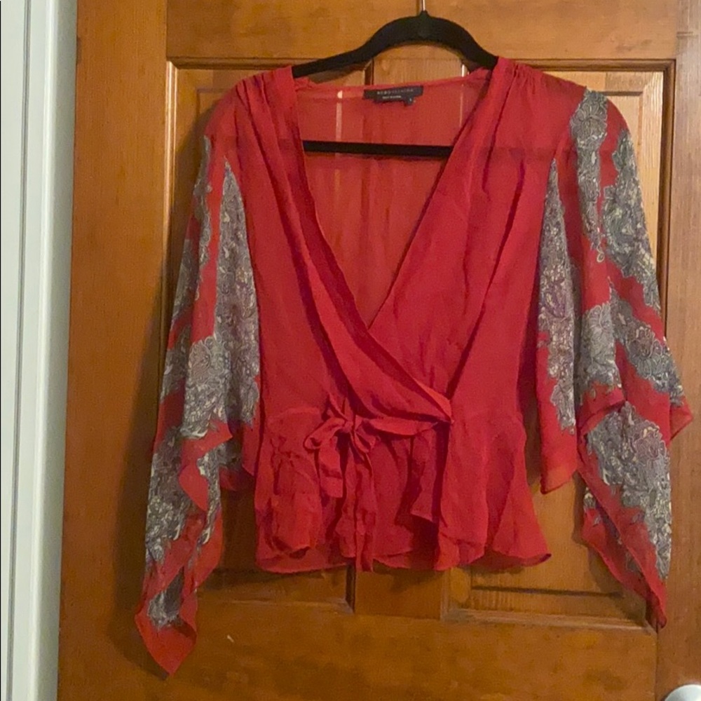 BCBG Maxazria front tie sheer silk blouse